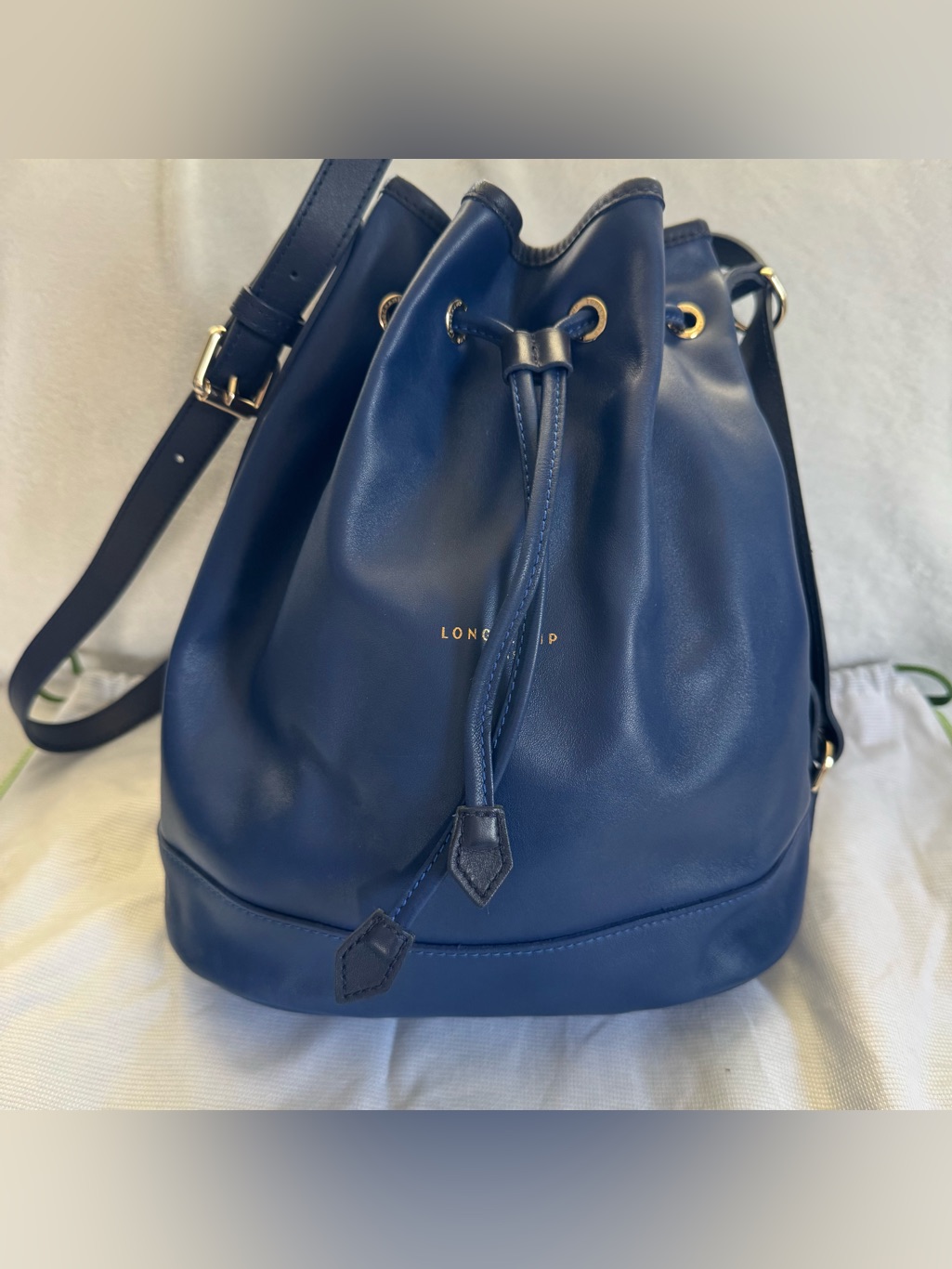Longchamp Paris Blue Leather Le Foulonn Large Bucket Bag